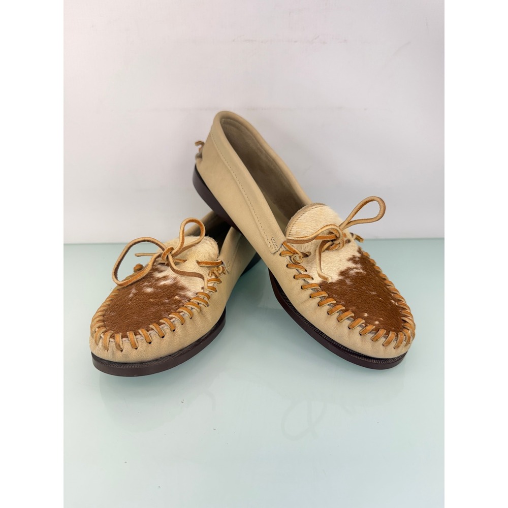 Rare Vintage Quoddy Handsewn Cowhide Moccasins Beige Leather Hair On Hide Sz 8